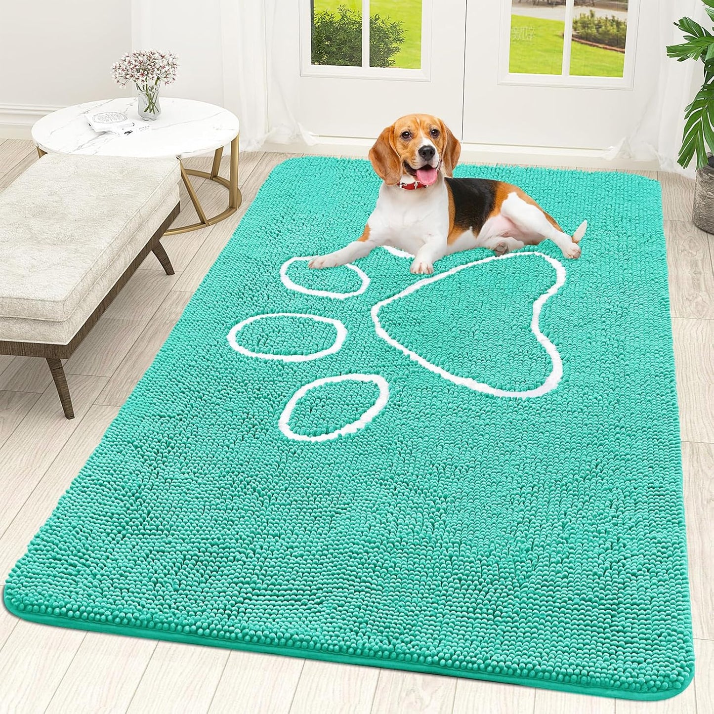 OLANLY Dog Door Mat - Absorbent Non-Slip Chenille Mat for Muddy Paws | 59x35, Teal Paw Print Design