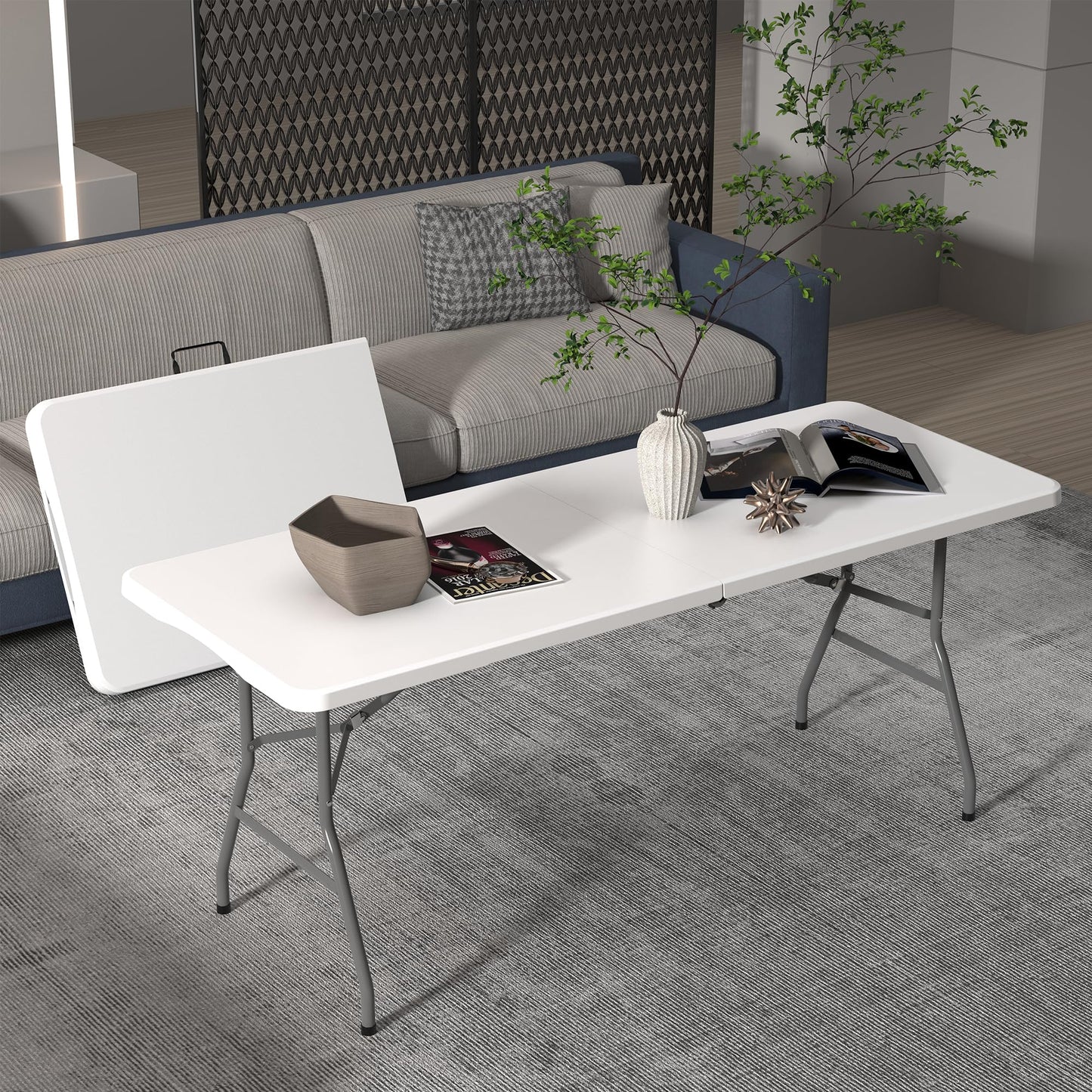 Allpop 6Ft Folding Table for Indoor Outdoor, Fold-in-Half Portable Plastic Dining Table with Carrying Handle for Picnic Party Camping, White
