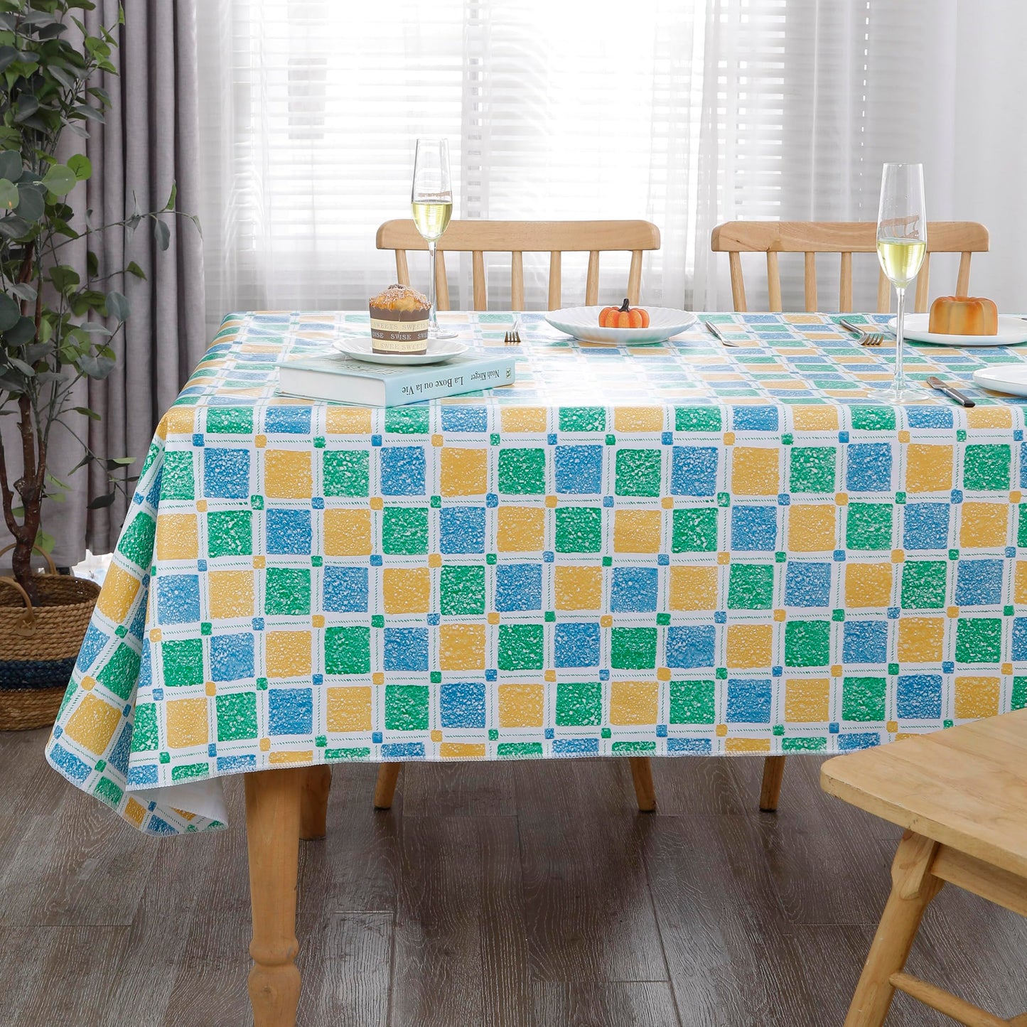 Walrus Heavy Duty Vinyl Tablecloth with Flannel Backing Waterproof Oil-Proof Plastic Table Cloth Stain-Resistant Wipeable Table Cover for Indoor and Outdoor (Stained Glass Checkered,54x54 Inch)
