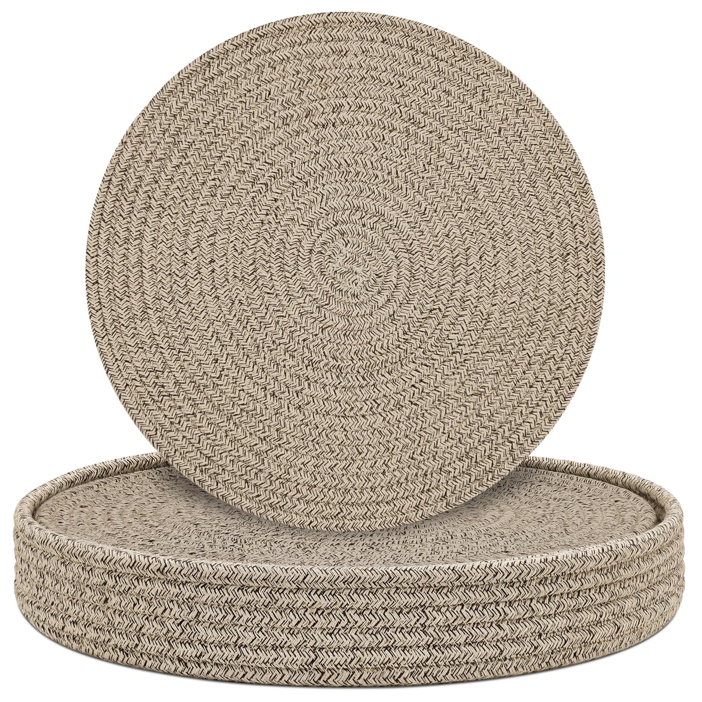 Round Placemats Set of 6 with Holder, Cotton Rope Woven Place Mats, Hot Pads for Kitchen, Heat Resistant Table Mats, 13 Inch Farmhouse Washable Braided Placemat for Kitchen Decor (Brown)