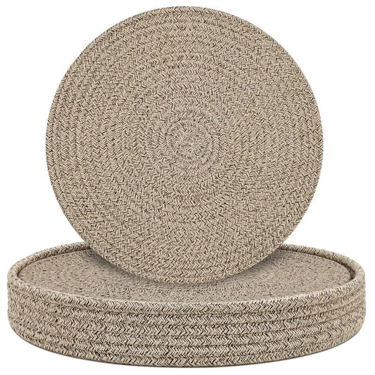 Round Placemats Set of 6 with Holder, Cotton Rope Woven Place Mats, Hot Pads for Kitchen, Heat Resistant Table Mats, 13 Inch Farmhouse Washable Braided Placemat for Kitchen Decor (Brown)