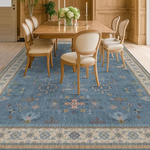 Hazo Haus Boho Area Rug - Large 8x10 Dusky Blue Soft Washable Non-Slip for Living Room & Bedroom