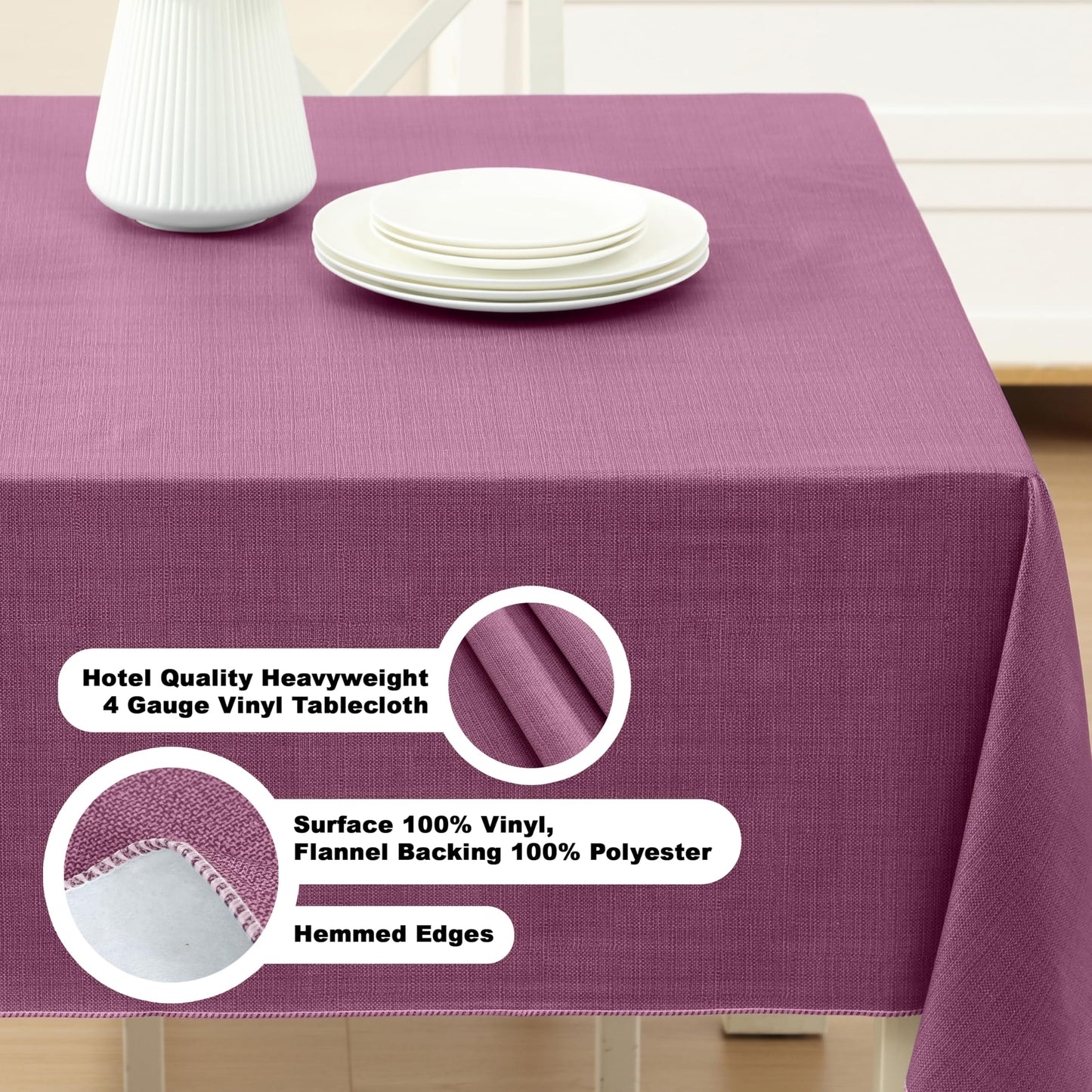 Lintex Cafe Hotel Linen Look Vinyl Flannel Backed Tablecloth, Heavyweight 4 Gauge, 60 x 104 Inch Rectangle, Burgundy Indoor Outdoor Waterproof Wipe Clean Table Cover
