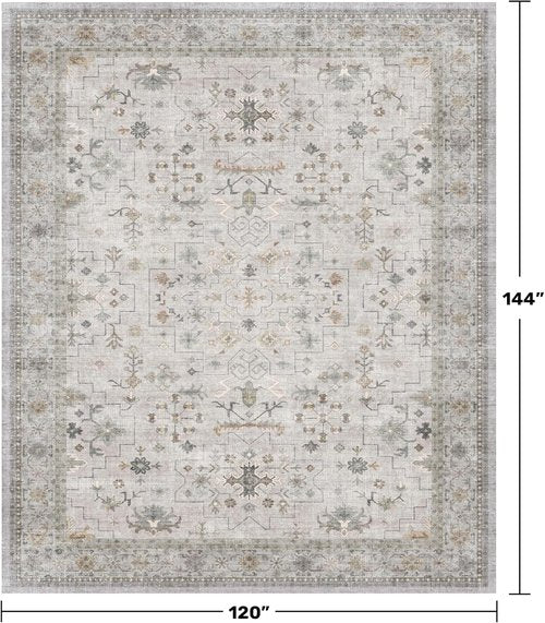 Hazo Haus Boho Living Room Rug - Light Grey Floral Design | Washable Low Pile 10x12 Area Rug