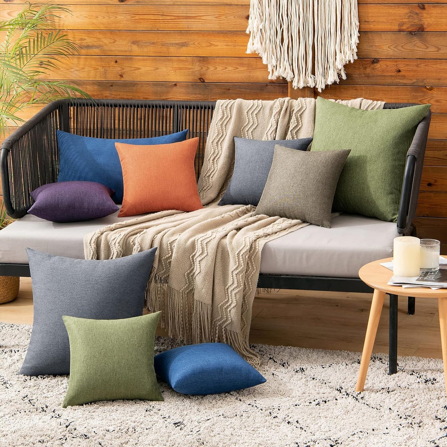 MIULEE Decorative Outdoor Throw Pillow Covers - Waterproof Faux Linen Cushion Cases | 12x12 Inch Dark Green (Pack of 2)