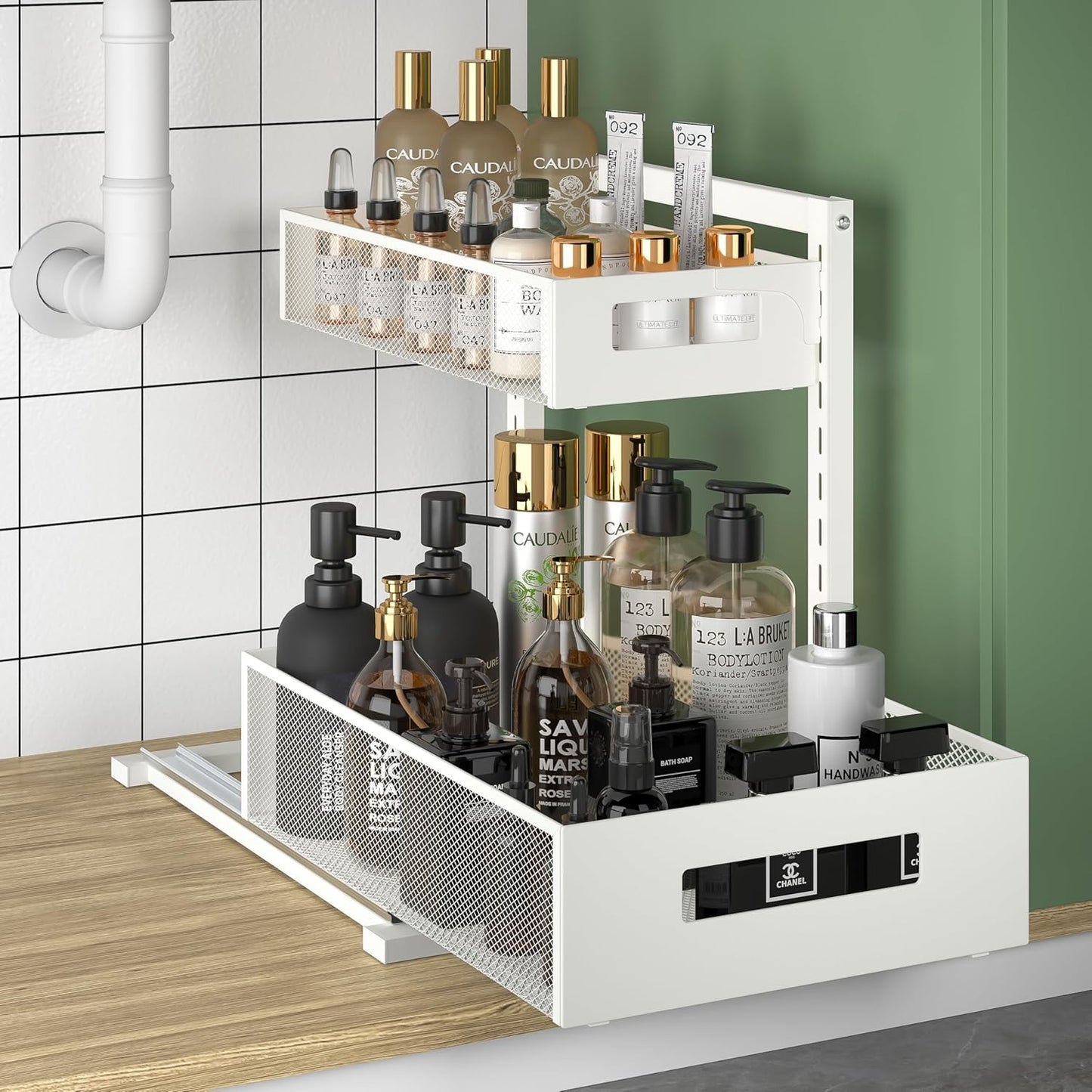 Skiennix Kitchen & Bathroom Organizer - Upgraded Guide Rail Design for Smooth Pull-Out | XL White Cabinet Storage