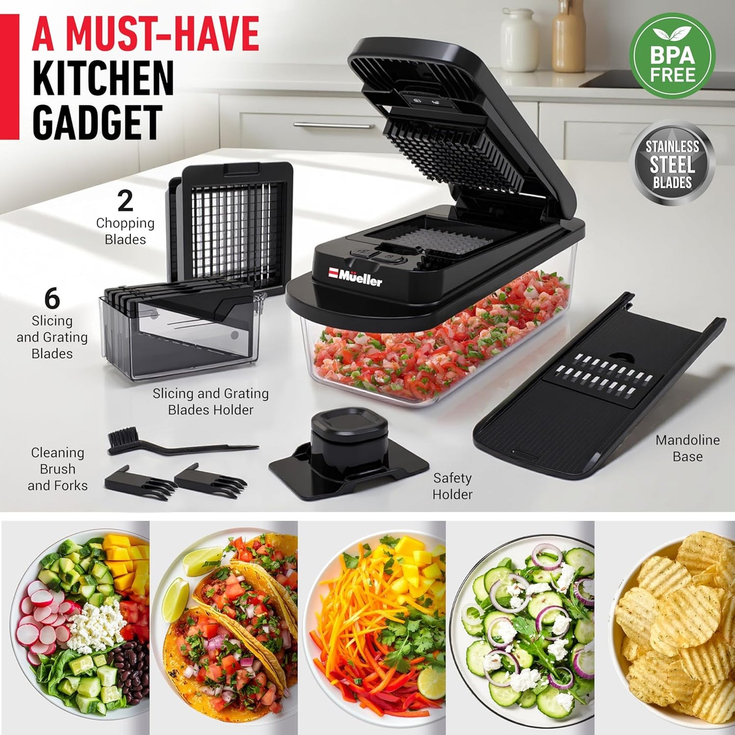 Mueller Pro-Series Vegetable Chopper - 10-in-1 Mandoline Slicer & Onion Mincer | Black Kitchen Essential