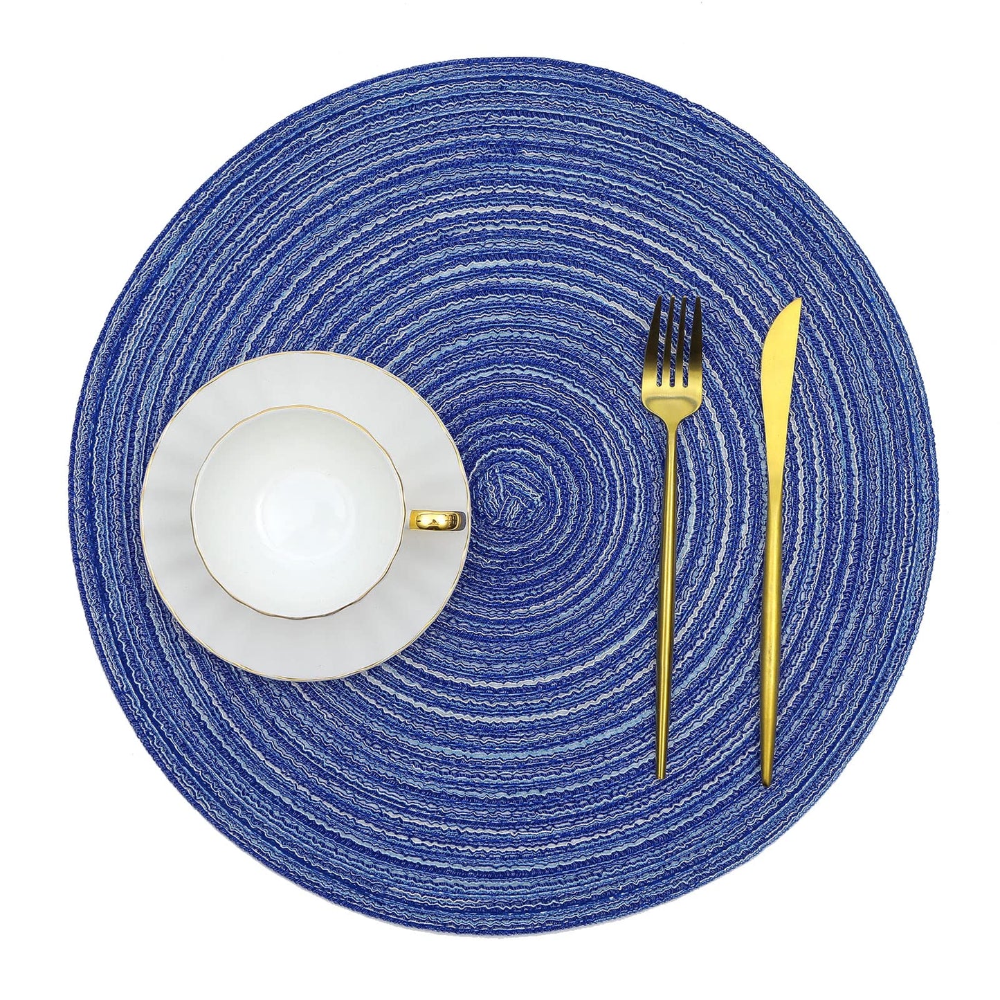 SHACOS Round Braided Placemats Set of 8 Round Table Mats for Dining Tables Washable Fabric Kitchen Table Place Mats (Blue White, 8)