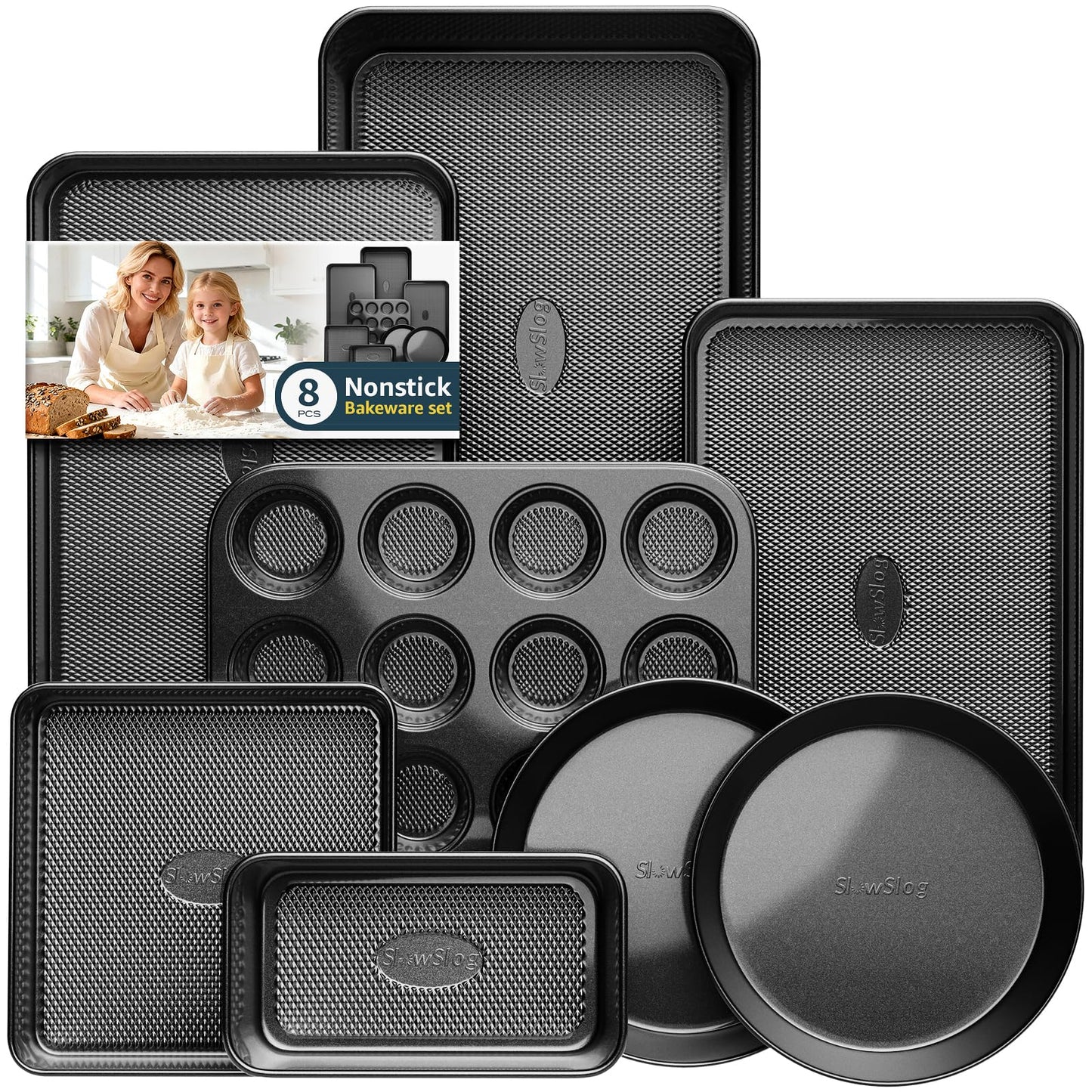 Slow Slog Nonstick Baking Pans Set, 8-Piece Stackable Bakeware Sets, Non-Toxic Oven Pan Set, Includes Baking Sheet, Cake Pan, Muffin Pan, Loaf Pan, Square Pan, Cookie Sheet & Roasting Pan, Black