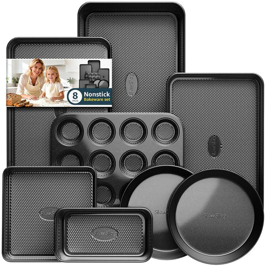 Slow Slog Nonstick Baking Pans Set, 8-Piece Stackable Bakeware Sets, Non-Toxic Oven Pan Set, Includes Baking Sheet, Cake Pan, Muffin Pan, Loaf Pan, Square Pan, Cookie Sheet & Roasting Pan, Black