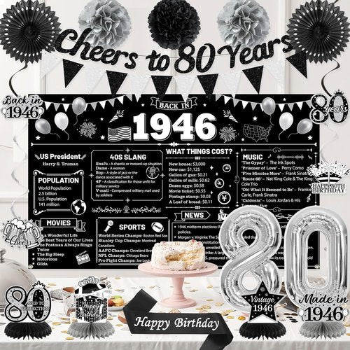 Holkcog 80th Birthday Decorations - 1946 Poster Backdrop, Cheers to 80 Years Banner & Silver Balloons | Complete Party Set