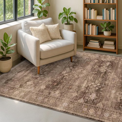 Boho Taupe Brown 4x6 Living Room Rug - Modern Oriental Design, Washable Low Pile, Non-Slip Area Rug
