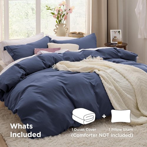 Bedsure Navy Blue Duvet Cover Set - Soft Prewashed Cotton-Like Polyester Twin/Twin XL, 2 Pieces with Zipper Closure
