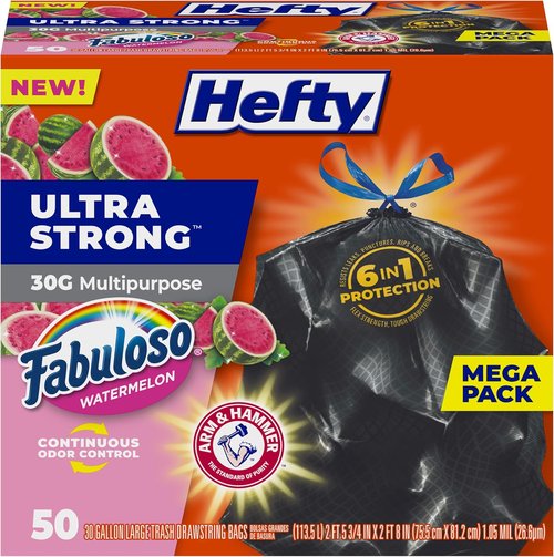 Hefty Ultra Strong 30 Gallon Trash Bags - Break Resistant Drawstring Closure | Black, 50 Count, Fabuloso Watermelon Scent
