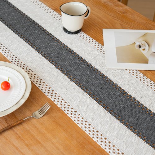 FEXIA Boho Table Runner for Home Decor with Tassels 48 Inches Long,Grey Farmhouse Rustic Table Runner Macrame Burlap Table Decoration for Living Room Bridal Shower(12x48 Inches)