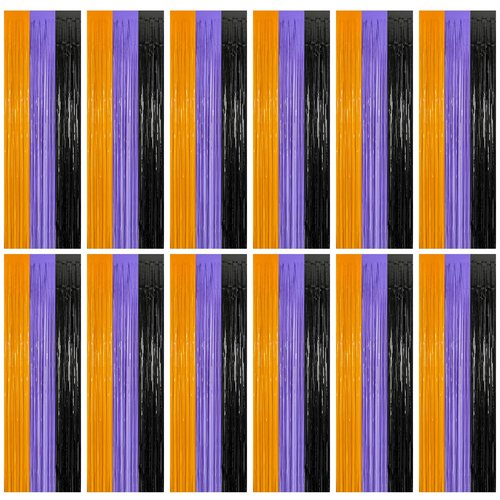 12 Pack Halloween Decor, 3.28 FT x 7.05 FT Orange Purple Black Fringe Curtains, Funny Wall Backdrop Photo Booth Backdrop Party Streamer, Halloween Foil Decorations Photo Booth Props