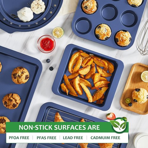 HONGBAKE Nonstick Bakeware Set - 10-Piece Kitchen Baking Pans with Wider Grips | Includes Rack, Cookie Sheet, Cake Pans, Muffin Pan, Pizza Pan - Blue