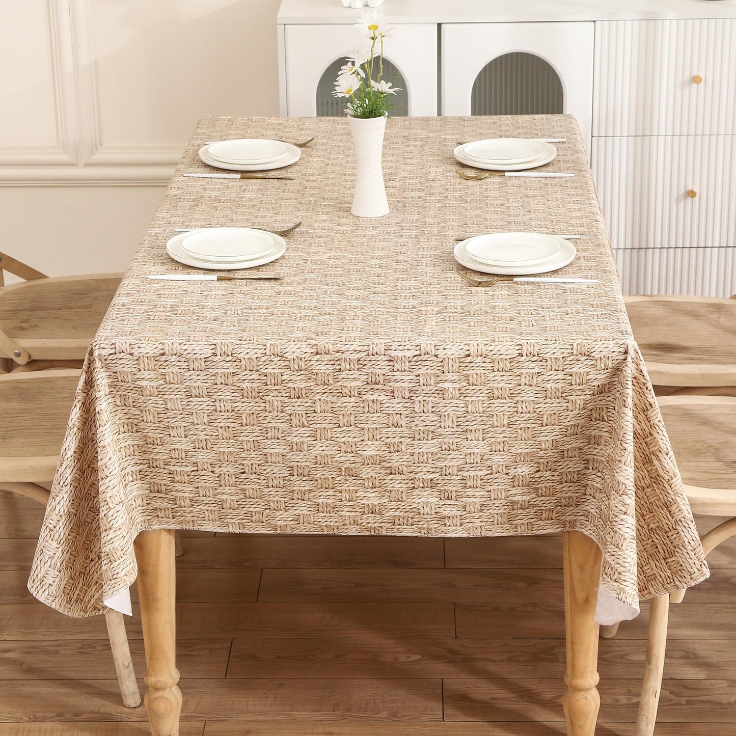 HRNJJYP Heavy Duty Vinyl Tablecloth with Flannel Backing Waterproof Oil-Proof Plastic Table Cloth Stain-Resistant Wipeable Rectangle or Square Table Cover for Dining, Camping (Weaving, 52X70 Inch)