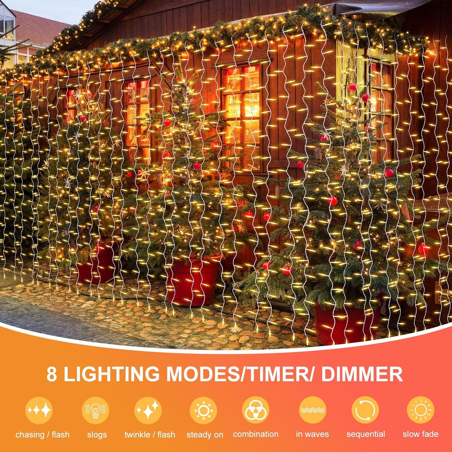 THKFUL Fairy Curtain Lights - 20 x 6.6FT 408LED Warm White String Lights | Waterproof & Remote-Controlled for Bedroom or Garden