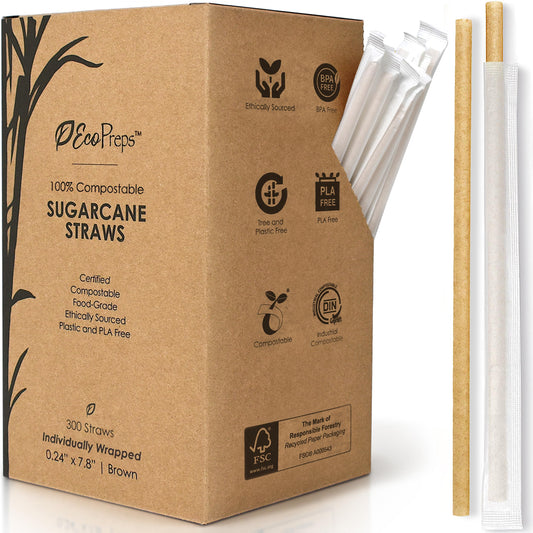 EcoPreps Biodegradable Sugarcane Straws, Plastic-Free Individually Wrapped Straws | 300 Count, 100% Compostable, Eco-Friendly Drinking Straw | 7.8” Sugar Fiber Disposable Straw, Packed in Paper Wrap