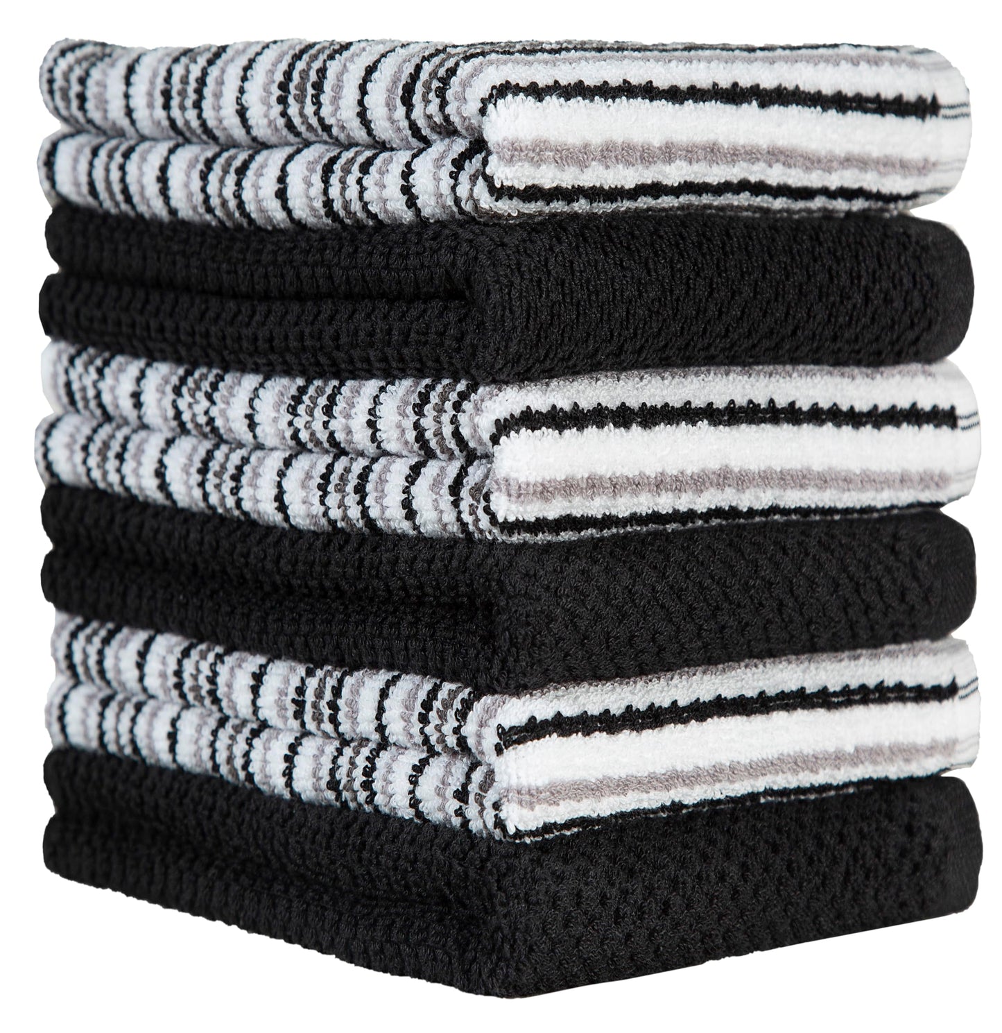 Popcorn Stripe Cotton Kitchen Towels - 6 Pack | 16'x26' | Highly Absorbent 400 GSM | Black
