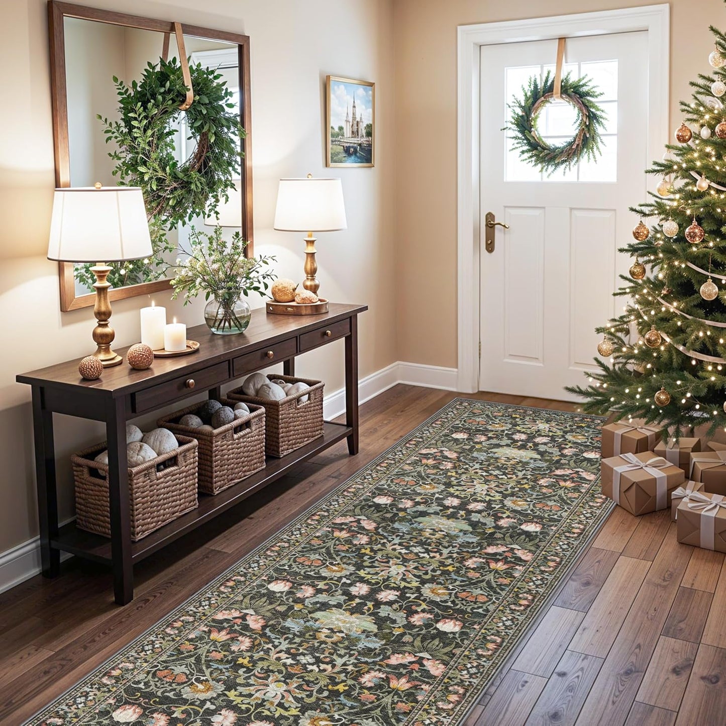 Skiennix Wide Hallway Runner Rug - 3x10 Water-Resistant Vintage Soft Carpet | Non-Slip Indoor Mat in Green