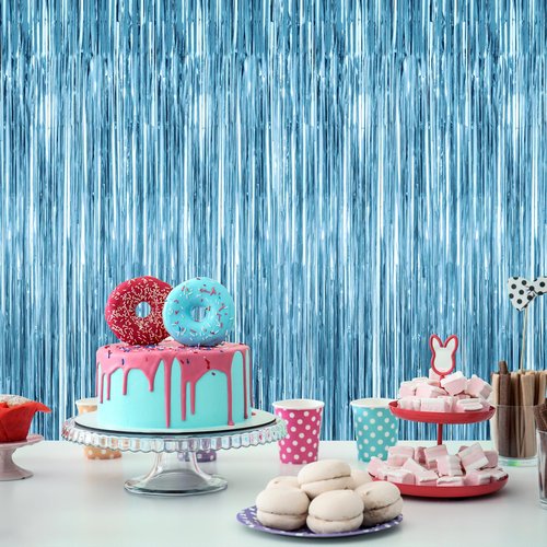 2 Pack Party Decorations, 3.28 FT x 7.05 FT Fringe Backdrop, Metallic Ocean Blue Foil Fringe Curtains Party Streamer Foil Backdrop, Light Blue Birthday Decorations Bachelorette Decor