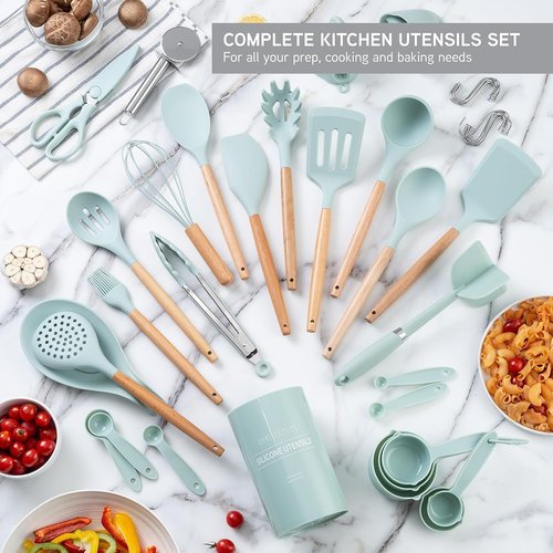Country Kitchen Non-Stick Silicone Utensil Set - 38 Piece Cooking & Baking Tools in Mint