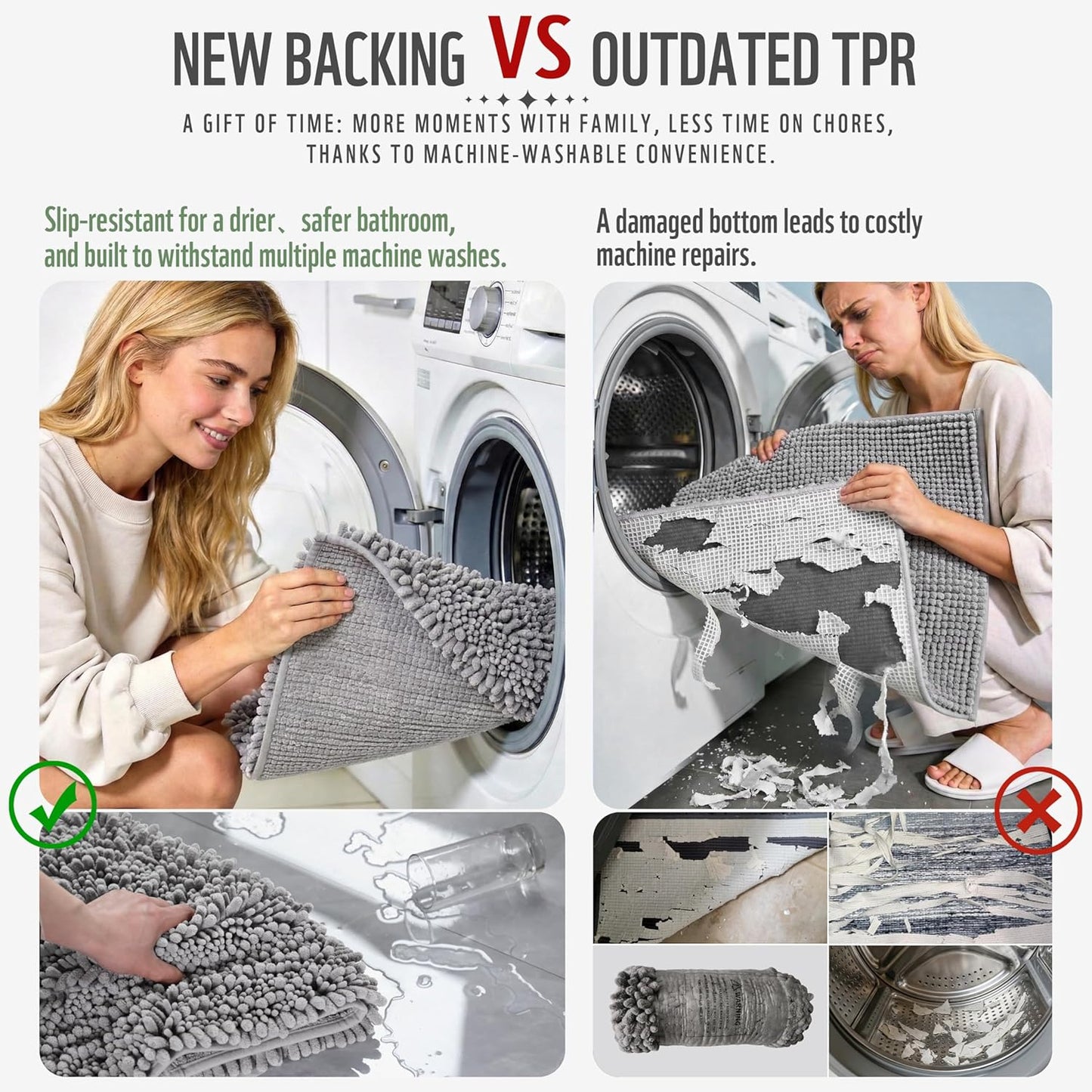 Yimobra Non-Slip Bathroom Rug - Ultra Soft Chenille Bath Mat, Quick Dry Shaggy Carpet, Gray | 24x17 Inch