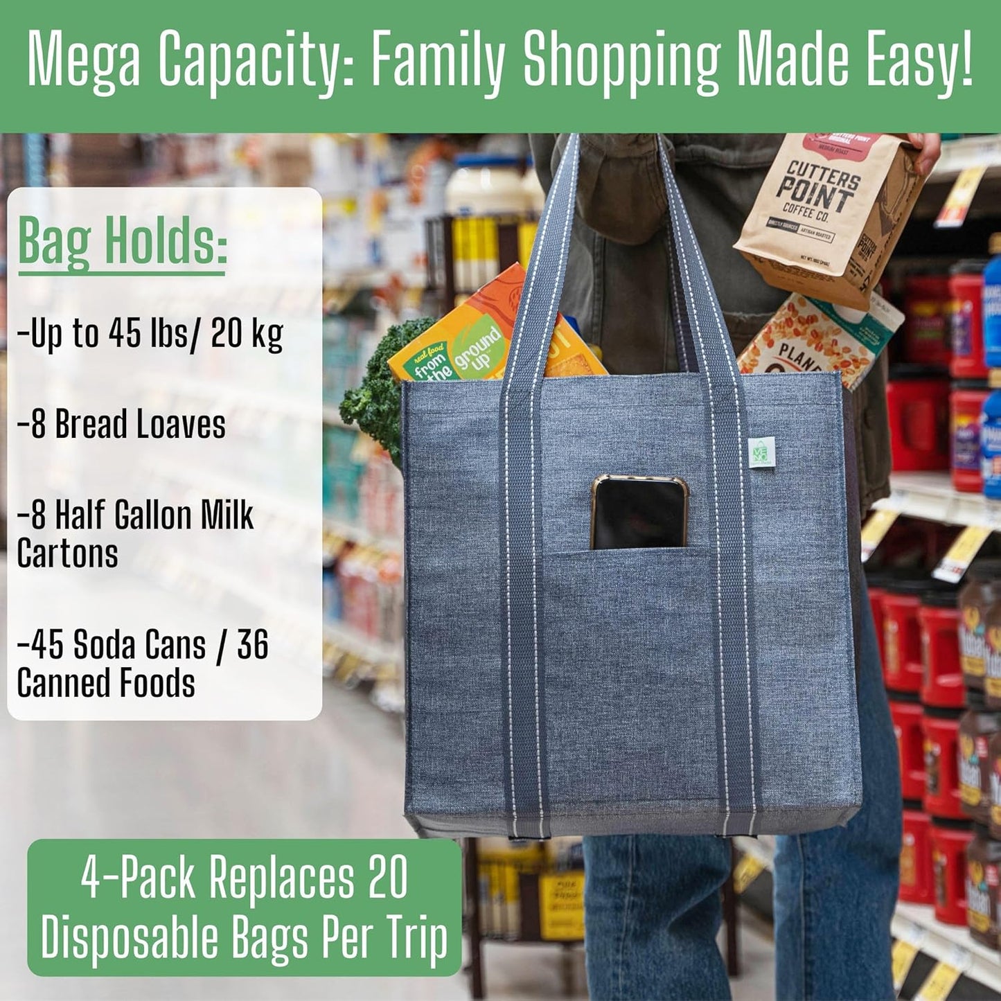 VENO Reusable Grocery Bags - Heavy-Duty Shopping Bags with Handles | Foldable, Hard Bottom, Gray (4 Pack)