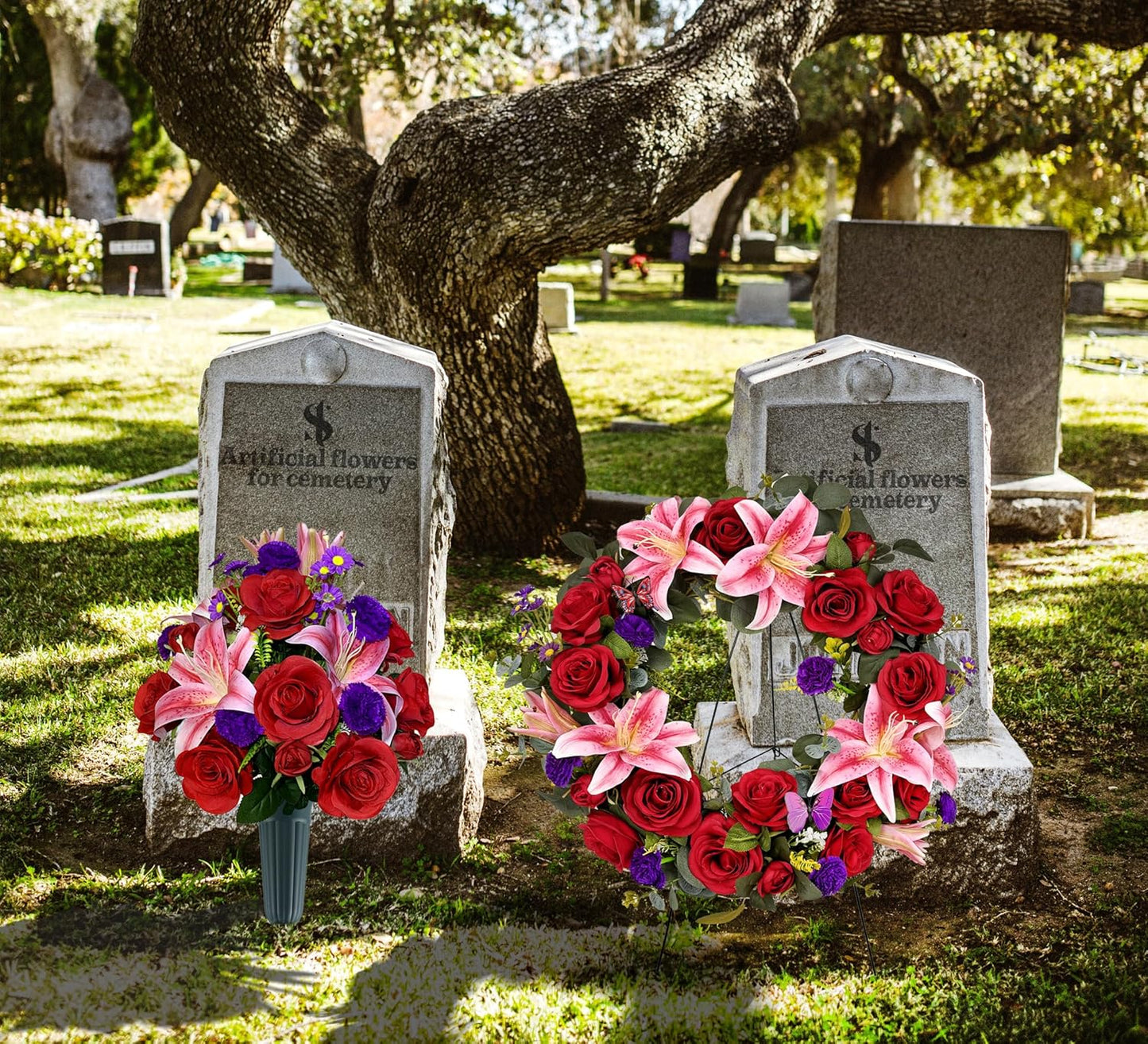 Regine Switzerland Cemetery Wreath - Handmade Floral Arrangement with 30-Inch Easel Stand | Red & Pink Roses, Lilies, Daisies, Carnations