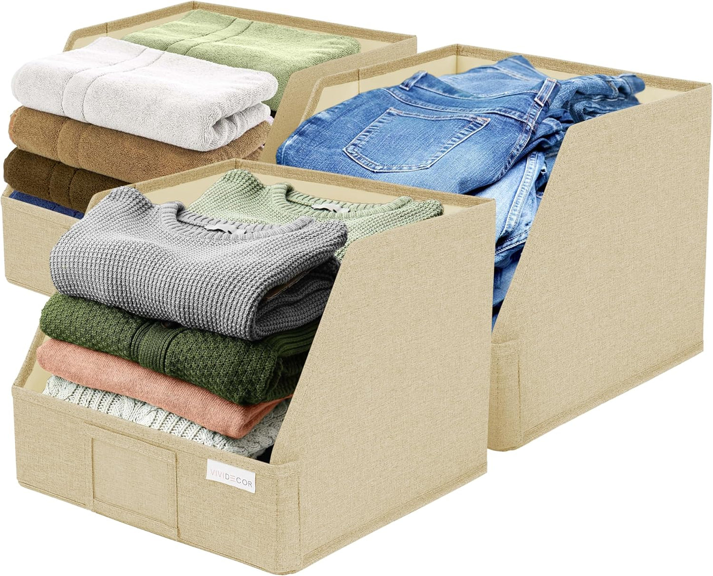 VIVIDECOR Trapezoid Storage Bins - 3-Pack Foldable Fabric Organizers for Closet & Shelf (Beige)
