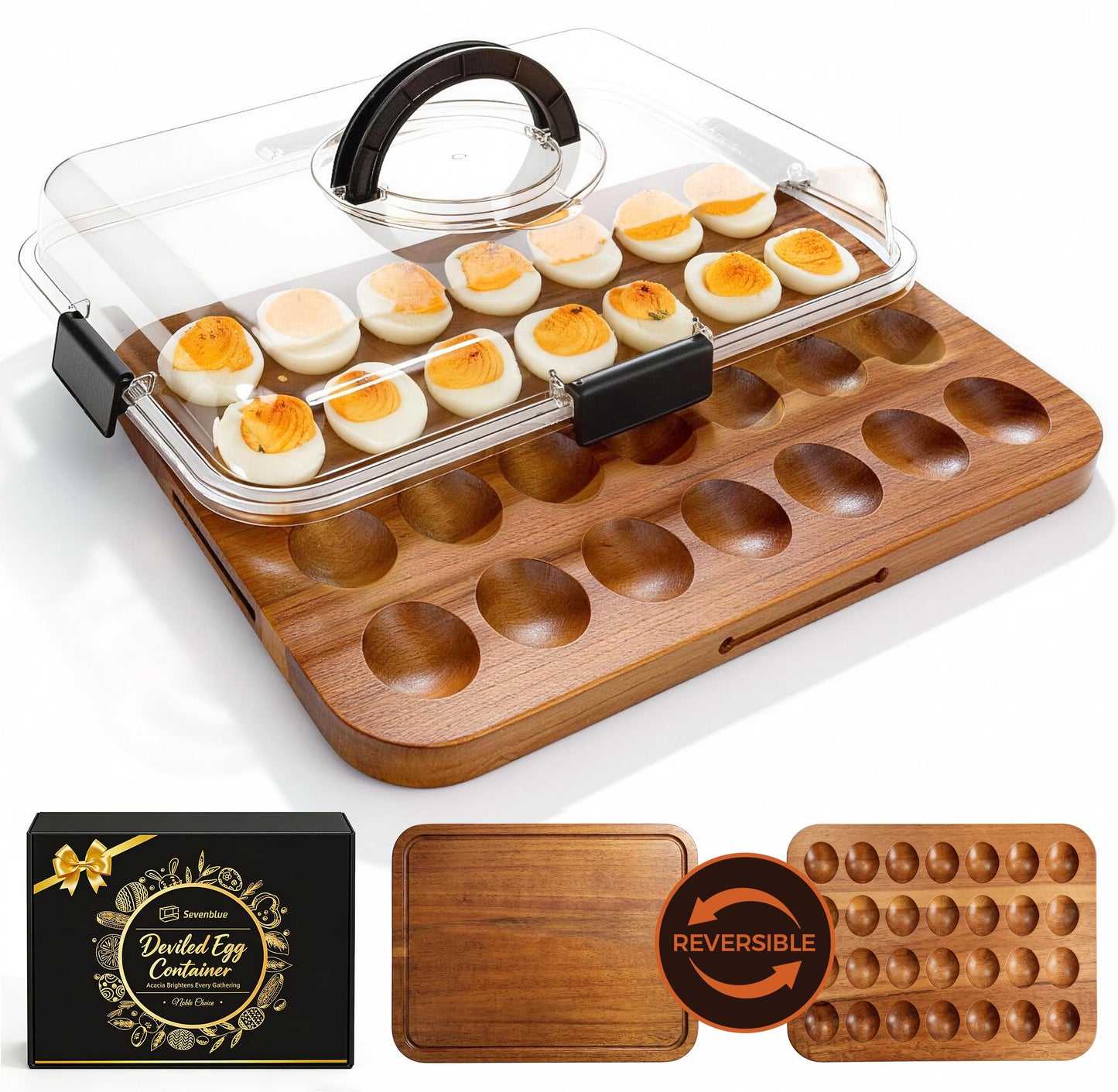 Sevenblue Acacia Wood Deviled Egg Containers with Lid and Handle, Portable Deviled Egg Platter for Easter, Potlucks & Party, Reversible Charcuterie Board Cutting Board
