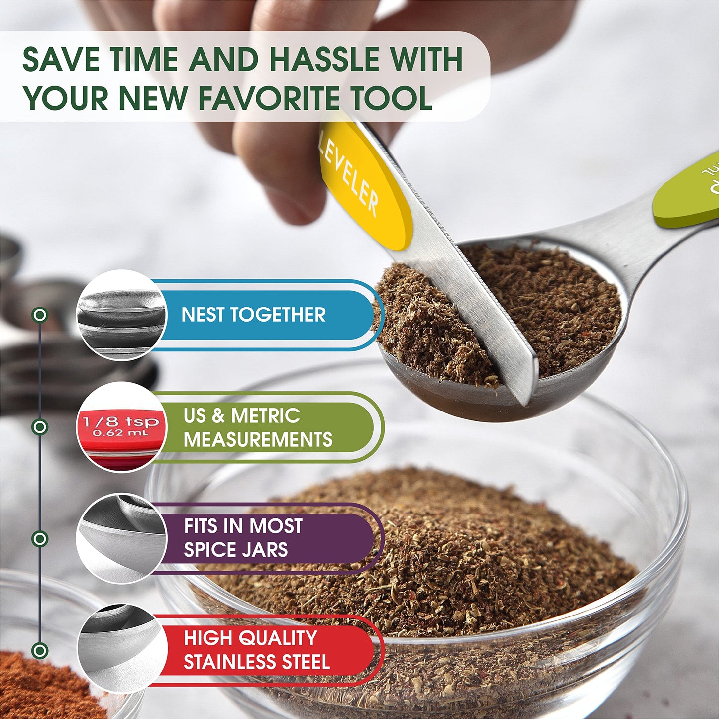 Spring Chef Multicolor Stainless Steel Magnetic Measuring Spoons Set of 8 with Leveler, Nesting Metal Teaspoon & Tablespoon Measuring Spoons, Kitchen Gadgets for Baking & Cooking - 2 Pack