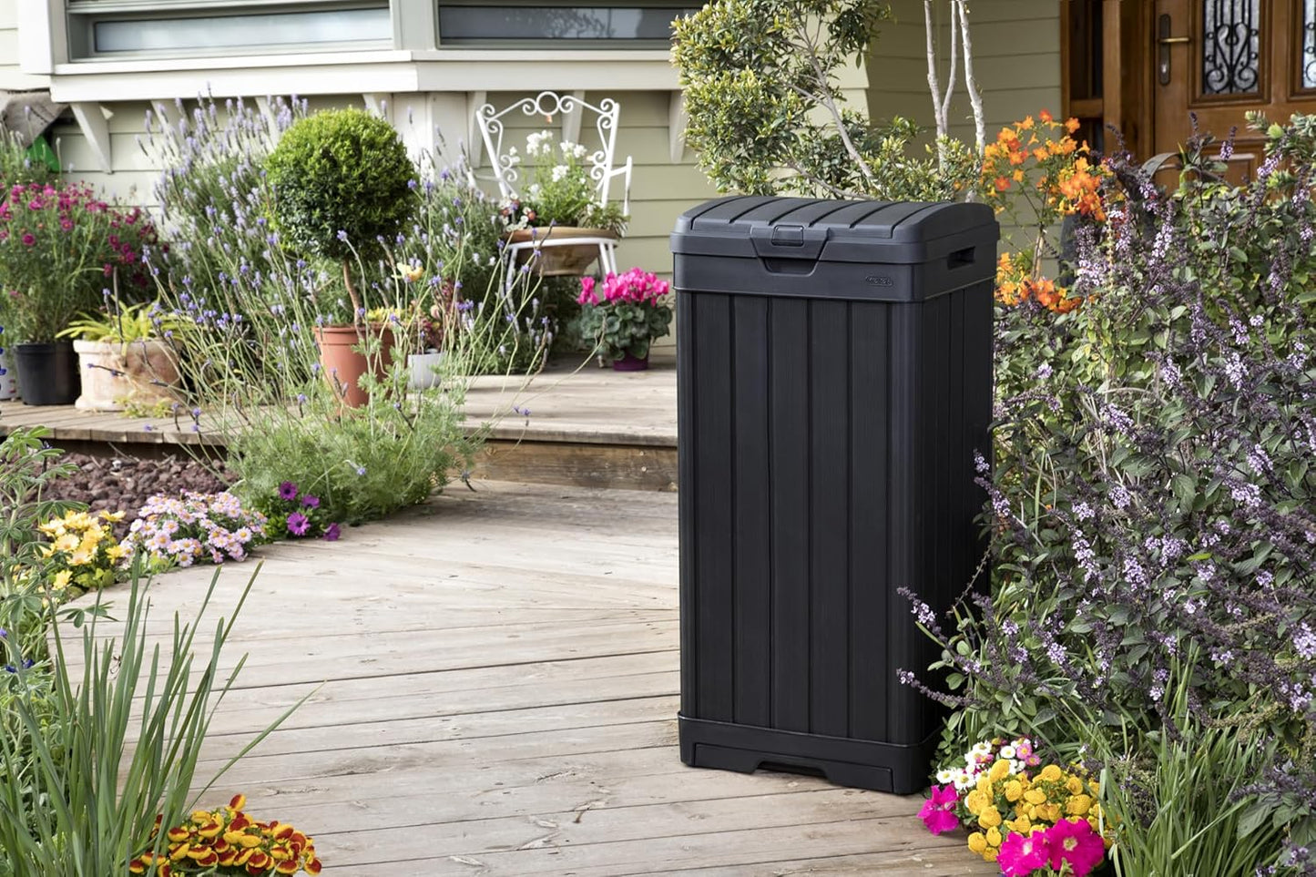 Keter Baltimore 38 Gallon Outdoor Kitchen Trash Can - Resin with Lid & Drip Tray for Easy Cleaning | Black
