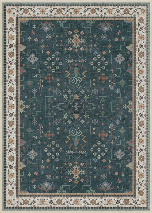Hazo Haus Dark Green Oushak 5x7 Area Rug - Modern Vintage Boho Floral Design, Washable & Non-Slip for Living Room