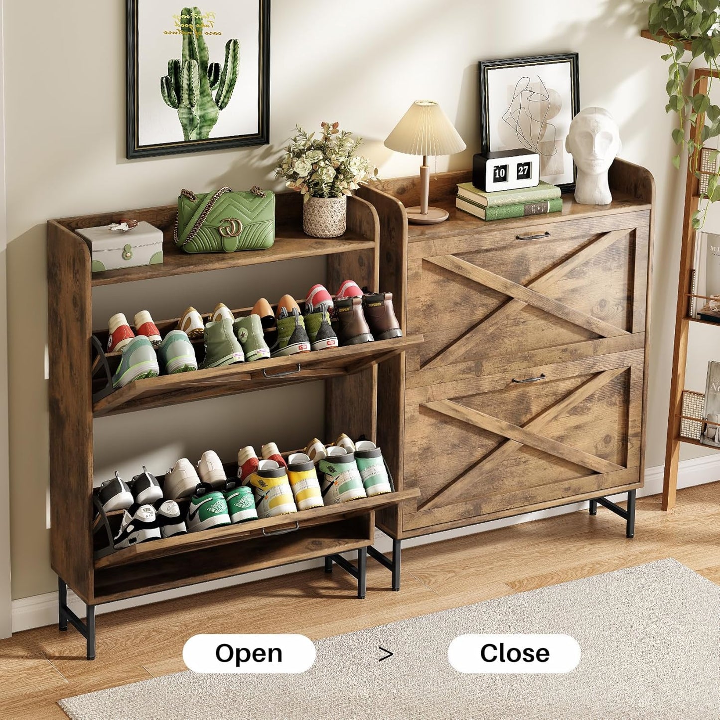 Kitstorack Shoe Storage Cabinet - Rustic Brown Wooden Organizer with 2 Flip Drawers & Metal Legs