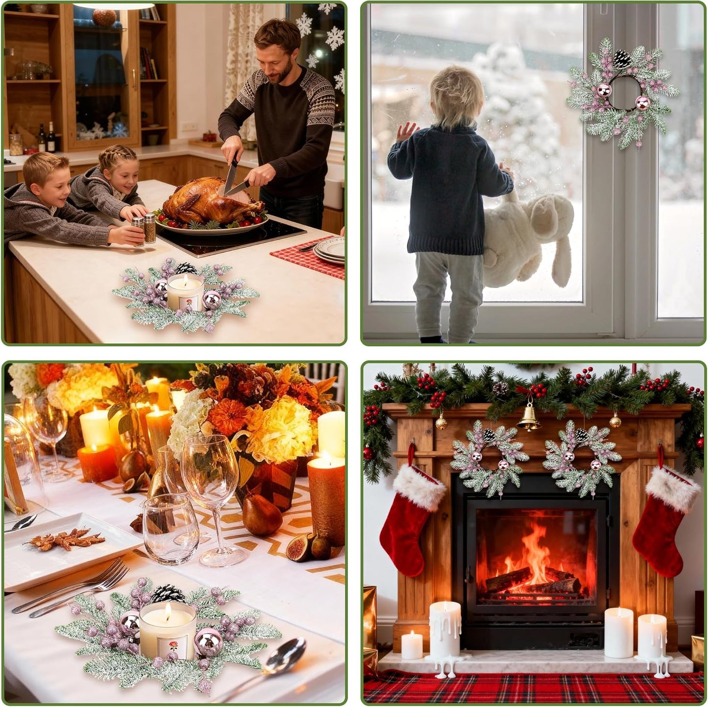 Pink Christmas Candle Rings by [Brand Name] - 8-Inch Wreaths with Pine Cones, Berries & Pine Needles for Festive Table Decor