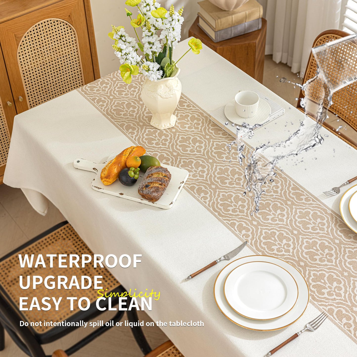 UWWGKK Nordic Beige Rectangular Tablecloth, Premium Drape, Water & Stain Resistant, Elegant Rectangle Table Cover for Dining, Kitchen, Party, Home Decor