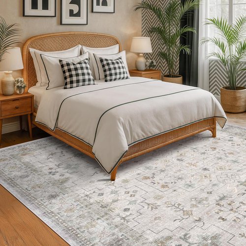 Hazo Haus Boho Living Room Rug - Light Grey Floral Design | Washable Low Pile 7x10 Area Rug