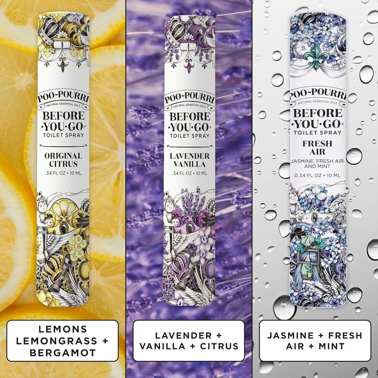 Poo-Pourri Before-You-Go Toilet Spray | Travel Essentials 3-Pack - TSA Approved, 0.34 Fl Oz Each, Odor Eliminator with Essential Oils