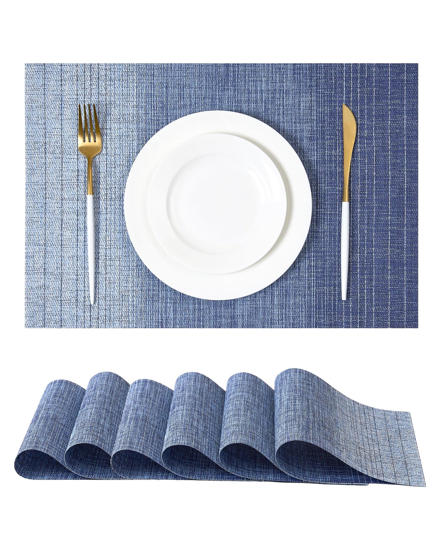 Leetaltree Gradient Blue Woven Placemats Set of 6 - Heat Resistant Non-Slip Place mats for Dining Table, Washable Durable PVC Vinyl Woven Table Mats(Gradient Blue, 6)
