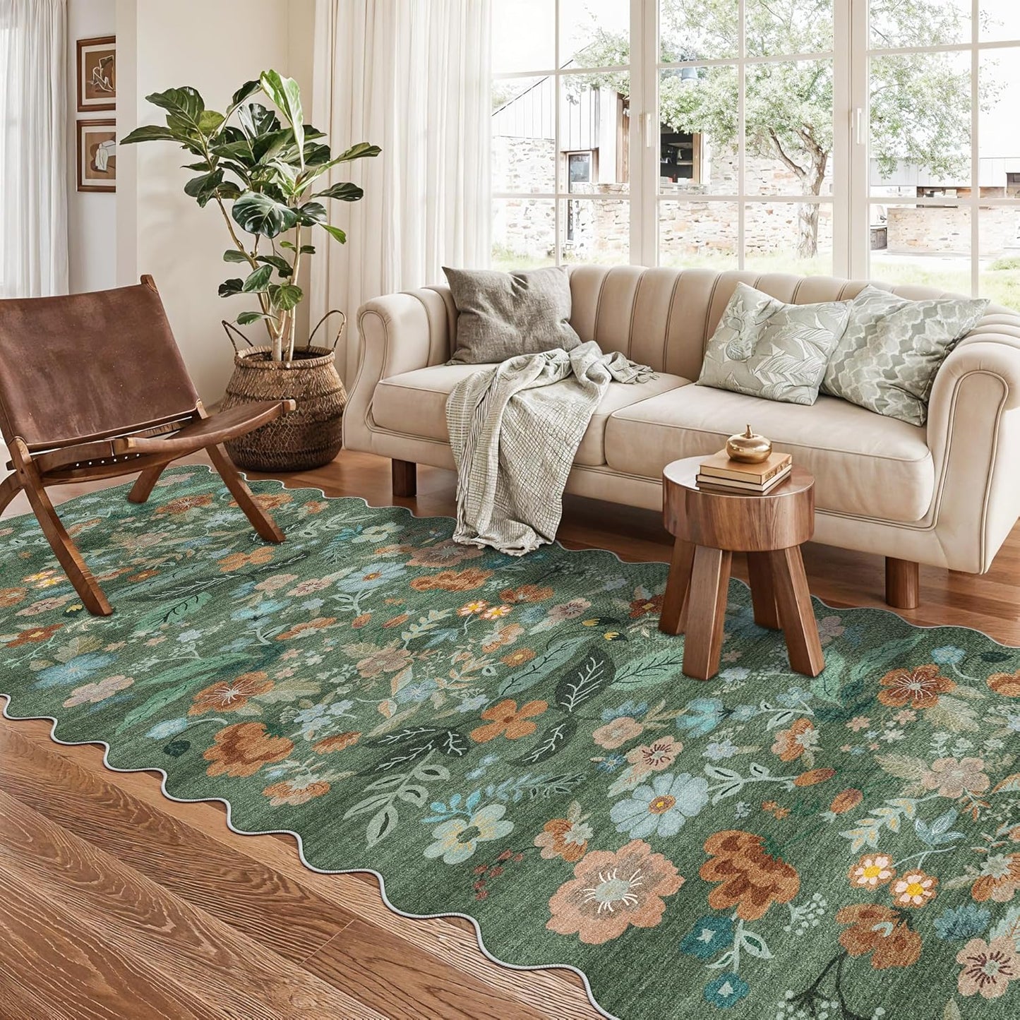 Skiennix Washable 3x10 Hallway Runner Rug - Floral Scalloped Soft Non-Slip Mat for Entryway, Kitchen & Nursery