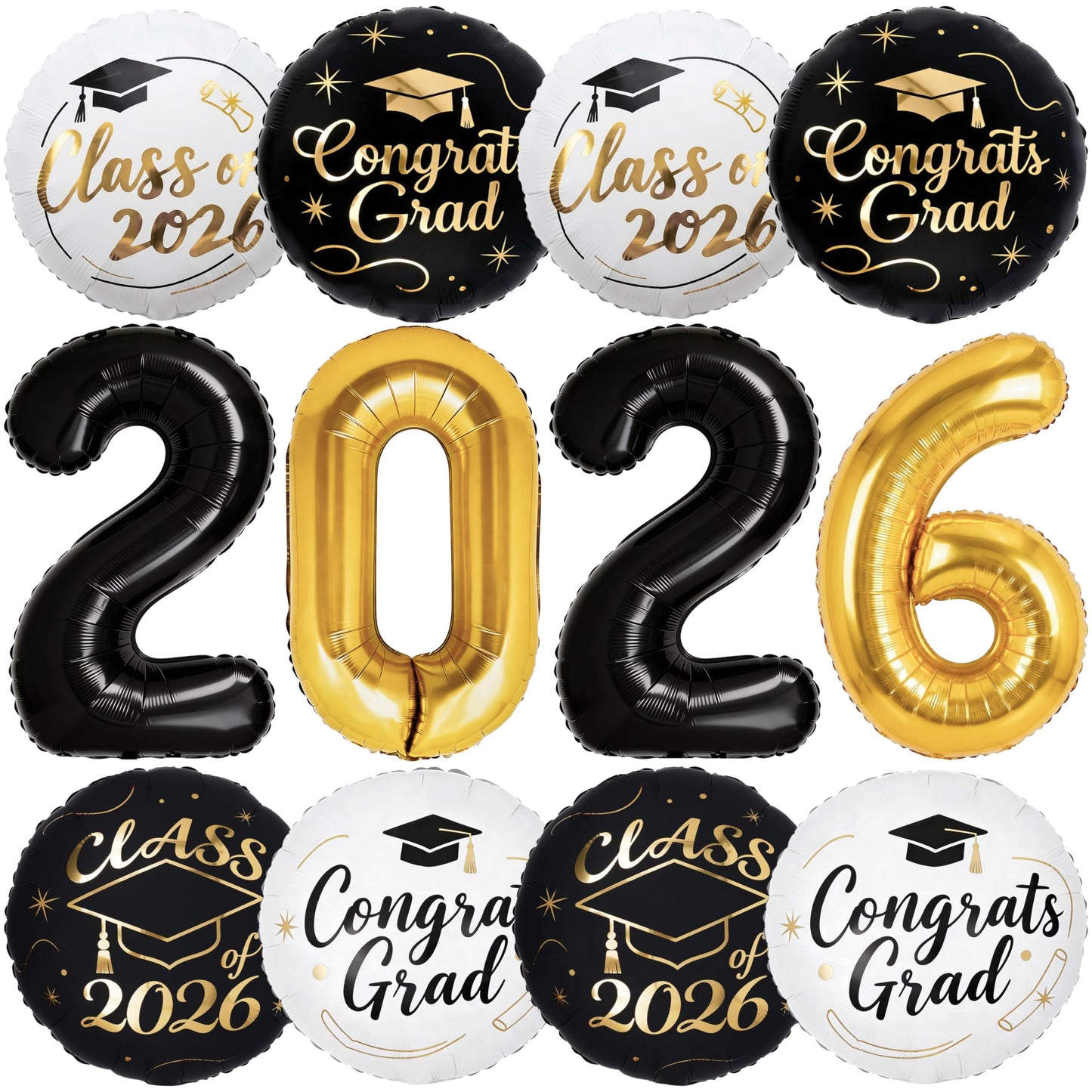 PartyWoo Graduation Balloons Class of 2026 Black White Gold 12pcs Balloons 40 Inch 2026 Foil Number Balloons 18 Inch Congrats Grad Mylar Balloons for Black White Graduation Decorations Party Supplies