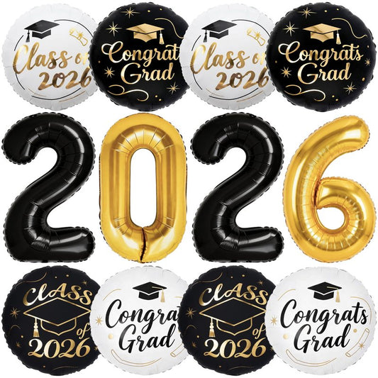 PartyWoo Graduation Balloons Class of 2026 Black White Gold 12pcs Balloons 40 Inch 2026 Foil Number Balloons 18 Inch Congrats Grad Mylar Balloons for Black White Graduation Decorations Party Supplies