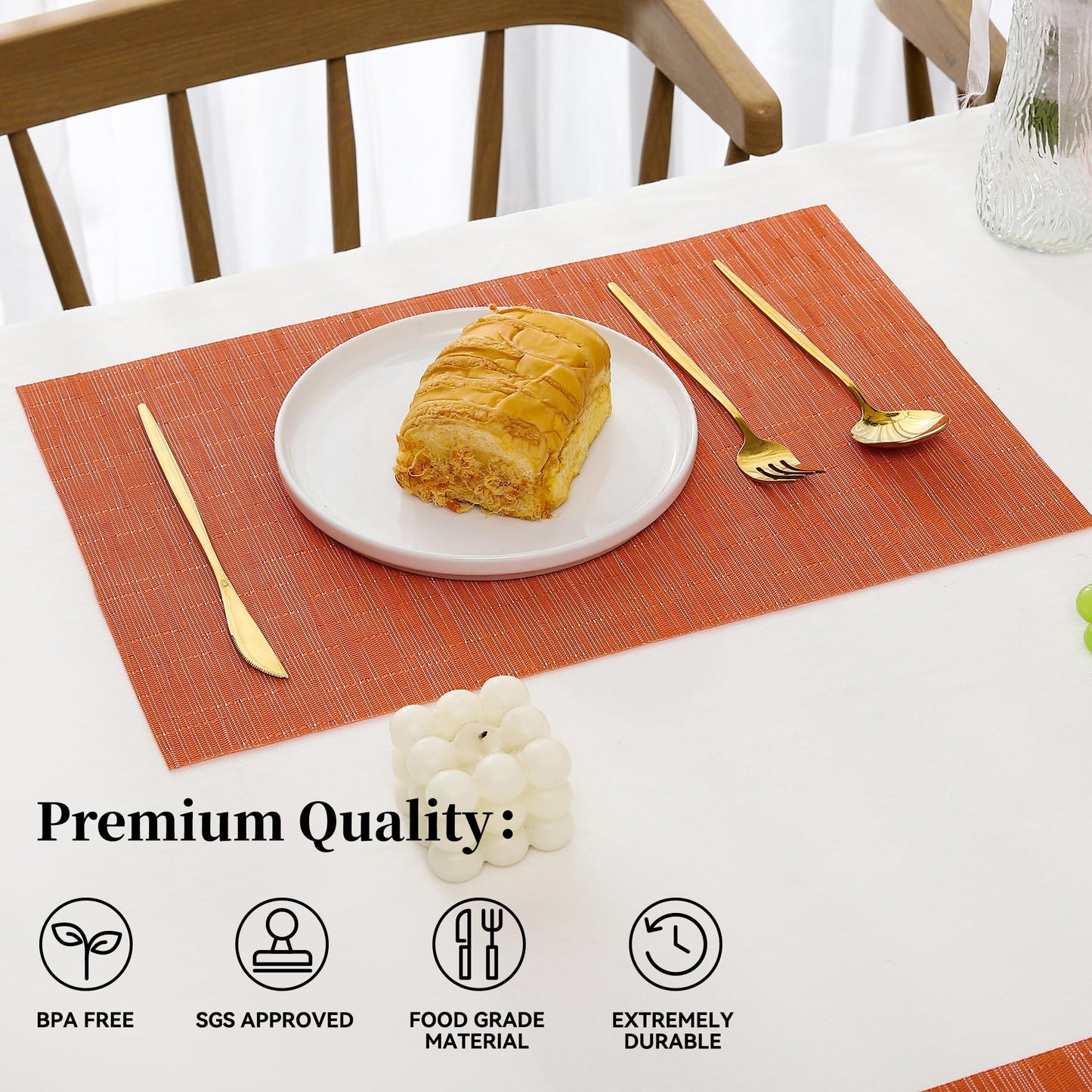 Leetaltree Orange Placemats Set of 8 - Heat Resistant Non-Slip Place mats for Dining Table, Washable Durable PVC Vinyl Woven Table Mats（Orange, 8）