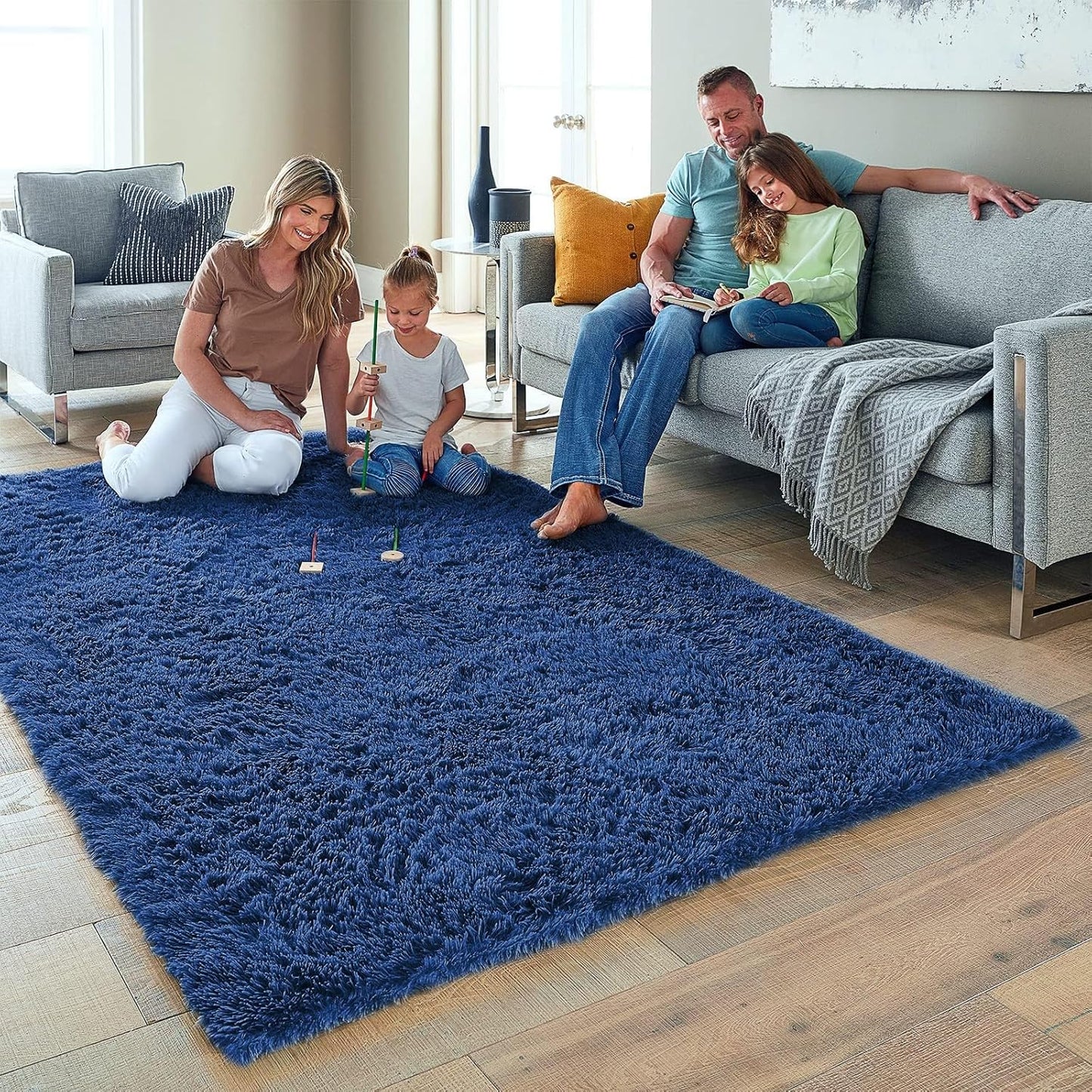 Ophanie 5x8 Blue Area Rug - Soft Plush Shaggy Carpet for Living Room & Kids Nursery Decor
