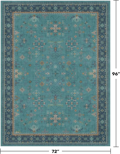 Boho Teal 6x8 Area Rug - Washable Vintage Turquoise Carpet for Living Room & Bedroom