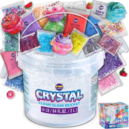 FunKidz 4 LB Huge Clear Glassy Slime Bucket - 64 FL OZ Premade Jumbo Slime Kit with 29 Add-Ins
