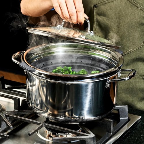 HexClad 2-Piece Steamer Basket Set - Dishwasher-Safe, Fits 3 & 8Qt Pots, Heat-Safe to 425ºF, Non-Slip Handles
